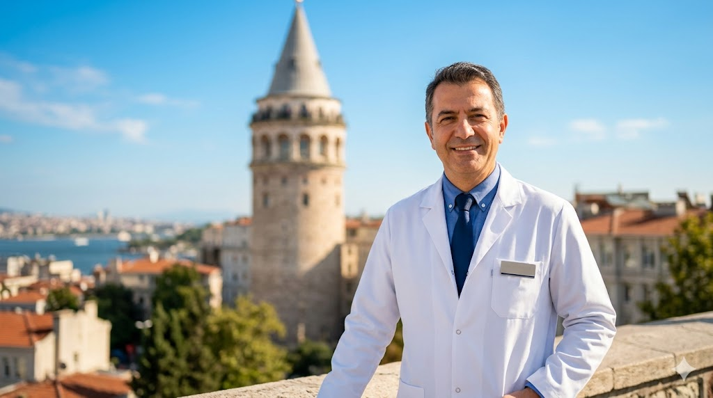  طبيب خبير يقف أمام برج غالاتا في إسطنبول، تعبيراً عن الثقة والاحترافية في مجال السياحة الطبية في إسطنبول.