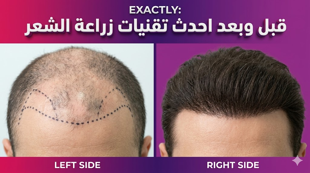 صورة فوتوغرافية توضح نتائج ما قبل وبعد احدث تقنيات زراعة الشعر مع تخطيط طبي دقيق ونتيجة نهائية كثيفة.