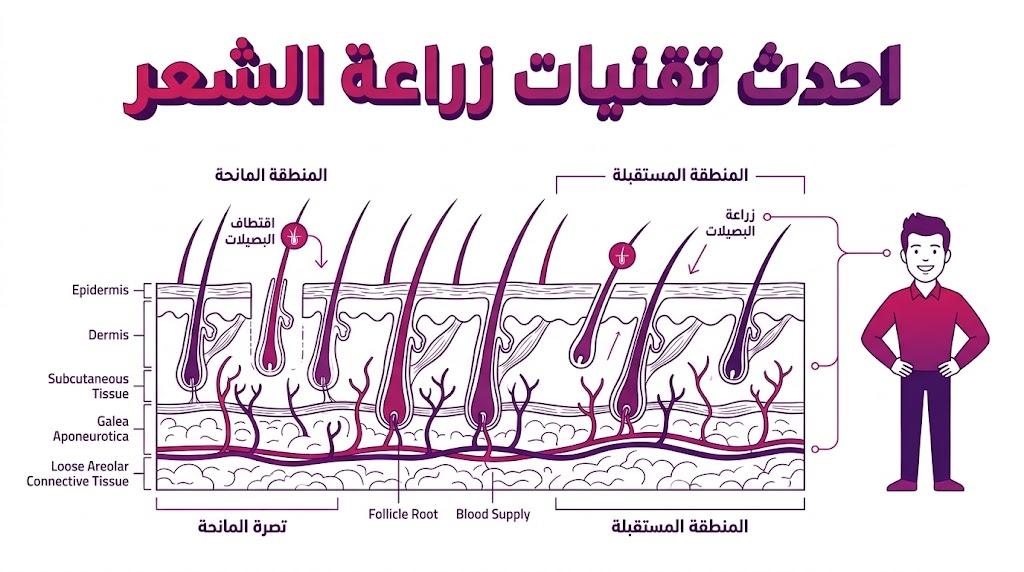 مخطط إنفوجرافيك تعليمي يشرح التشريح الداخلي لبصيلات الشعر المستخدم في احدث تقنيات زراعة الشعر.