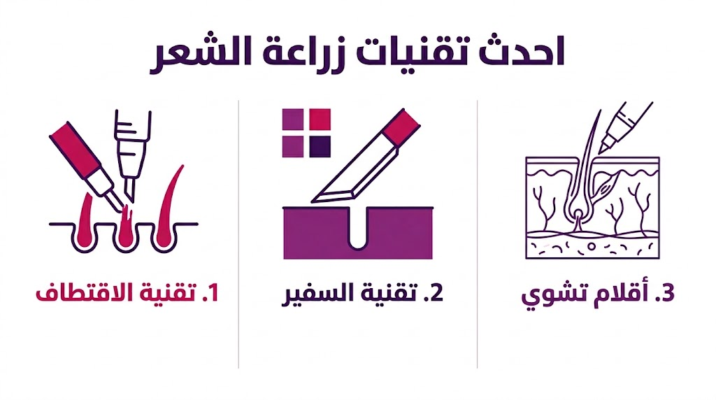 بوستر إنفوجرافيك مقسم لثلاثة أقسام يشرح مراحل احدث تقنيات زراعة الشعر بالاقتطاف والسفير وأقلام تشوي.