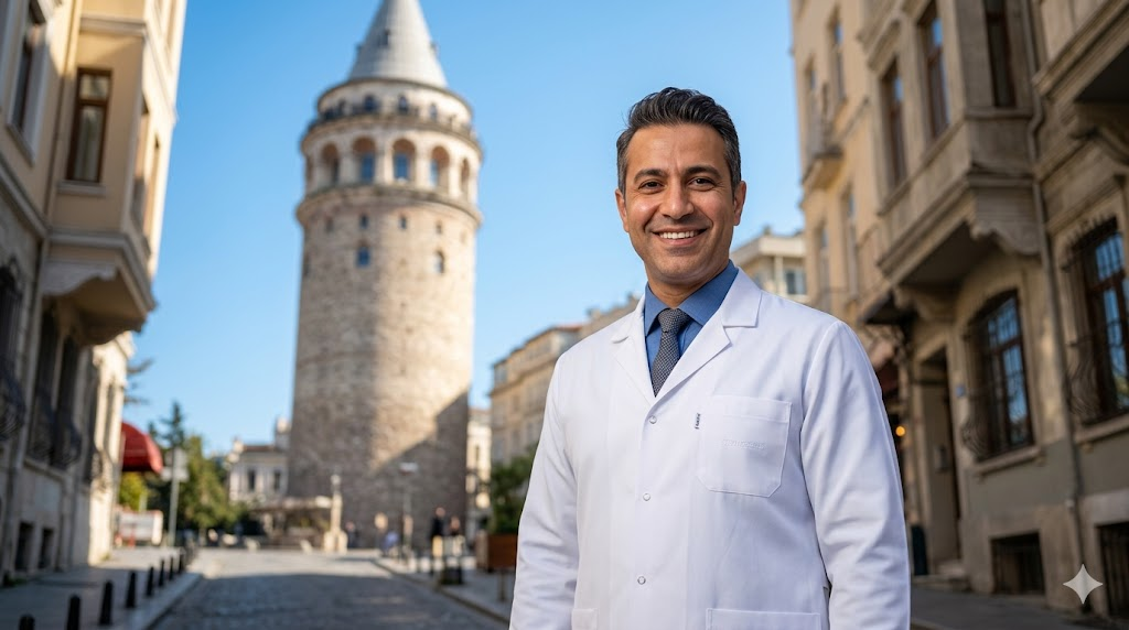 طبيب متخصص في احدث تقنيات زراعة الشعر يقف أمام برج غالاتا في إسطنبول في لقطة احترافية فائقة الواقعية.