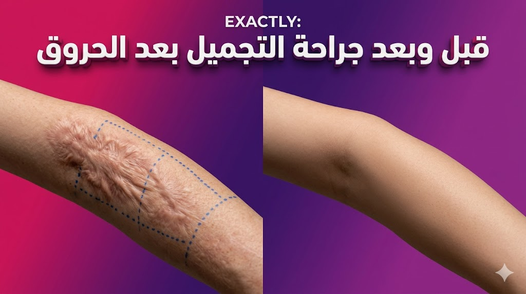  مقارنة قبل وبعد جراحة التجميل بعد الحروق توضح تحسن ملمس الجلد واختفاء الندبات.
