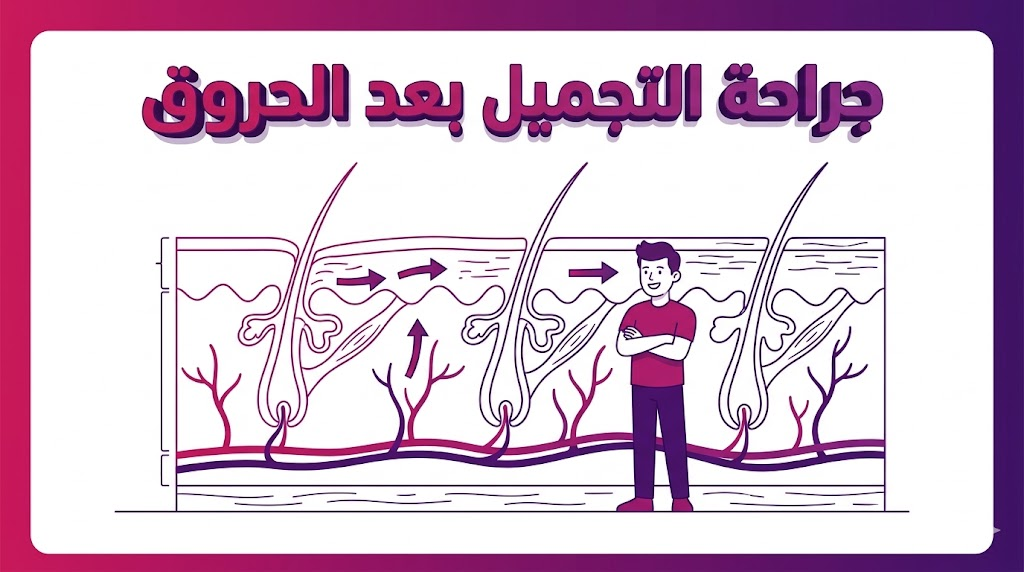  مخطط تشريحي يوضح عملية ترميم طبقات الجلد في جراحة التجميل بعد الحروق.