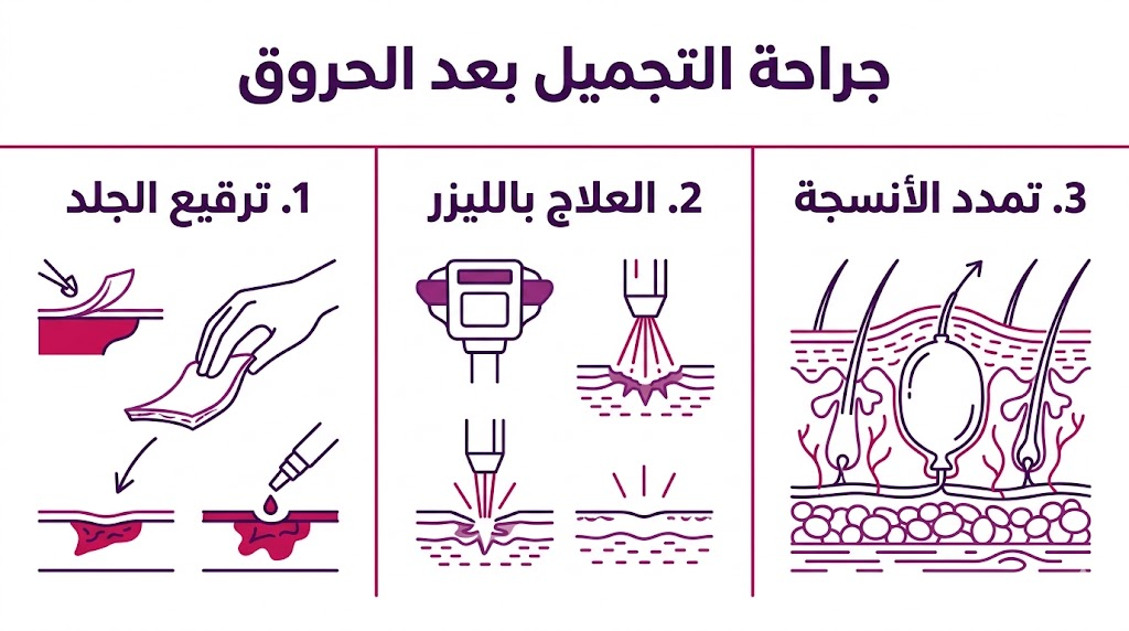  إنفوجرافيك طبي يوضح 3 تقنيات أساسية في جراحة التجميل بعد الحروق: الترقيع، الليزر، وتمدد الأنسجة.
