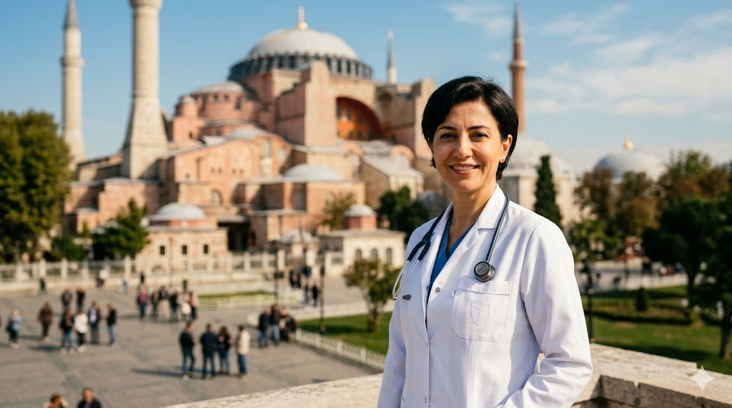 جراح تجميل متخصص في جراحة التجميل بعد الحروق يقف أمام جامع آيا صوفيا في اسطنبول.