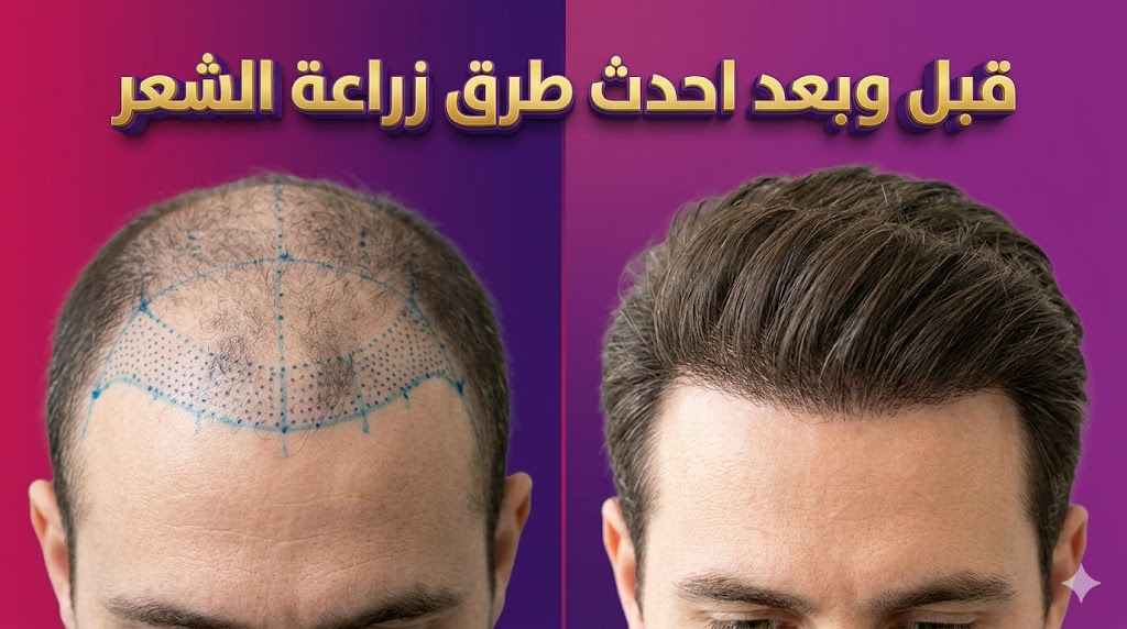 مقارنة قبل وبعد توضح نتائج احدث طرق زراعة الشعر وتخطيط العمليات لزيادة الكثافة.