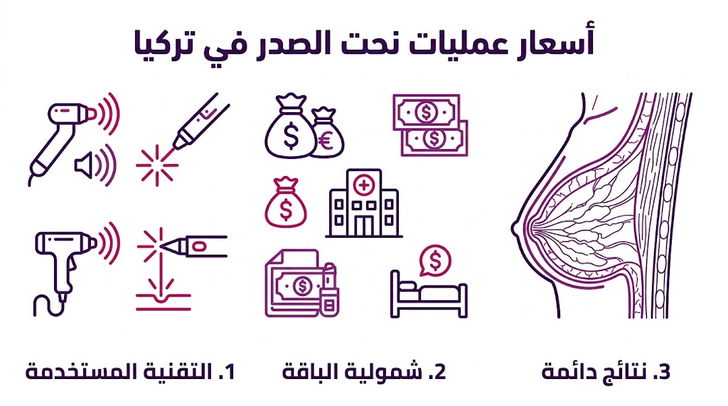 ملصق إنفوجرافيك مقسم لثلاثة أقسام يشرح العوامل المؤثرة في أسعار عمليات نحت الصدر في تركيا.