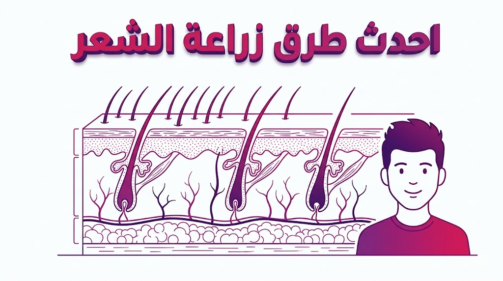 إنفوجرافيك طبي يوضح التشريح العلمي للبصيلات والجلد المستخدم في احدث طرق زراعة الشعر.