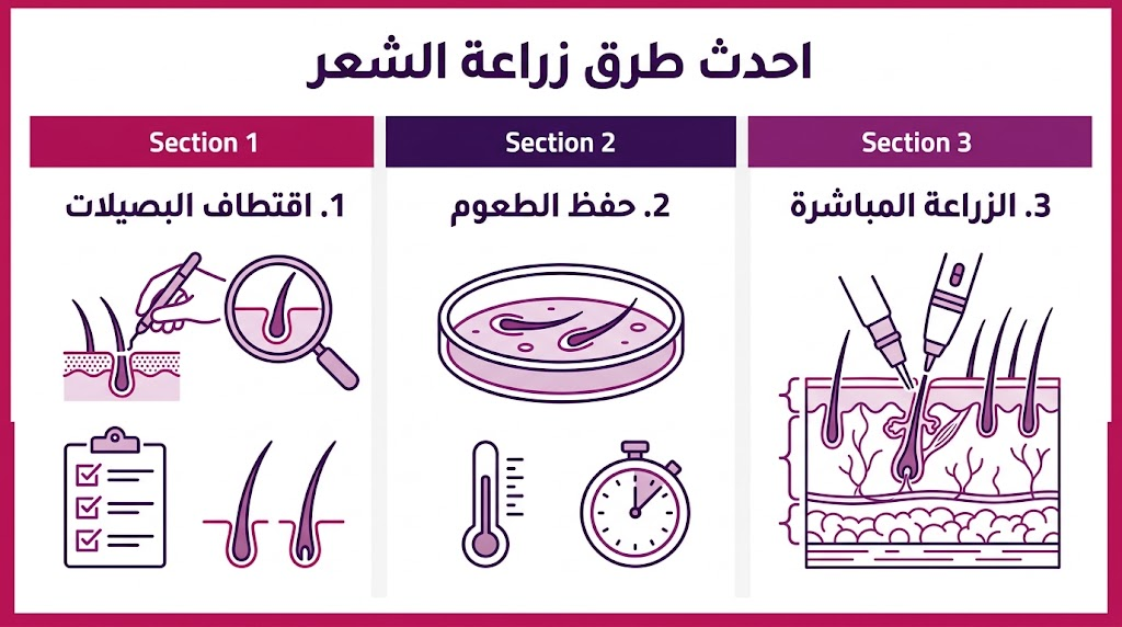 ملصق إنفوجرافيك يشرح المراحل الثلاث الأساسية في احدث طرق زراعة الشعر من الاقتطاف إلى الزراعة.