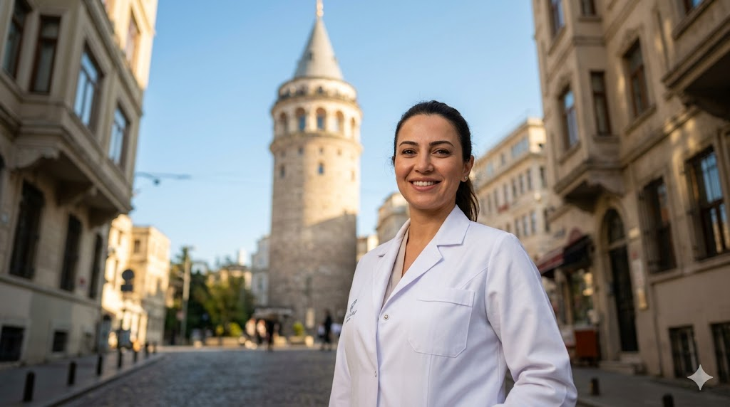 طبيب متخصص في احدث طرق زراعة الشعر يقف أمام برج غالاتا التاريخي في اسطنبول بتركيا.