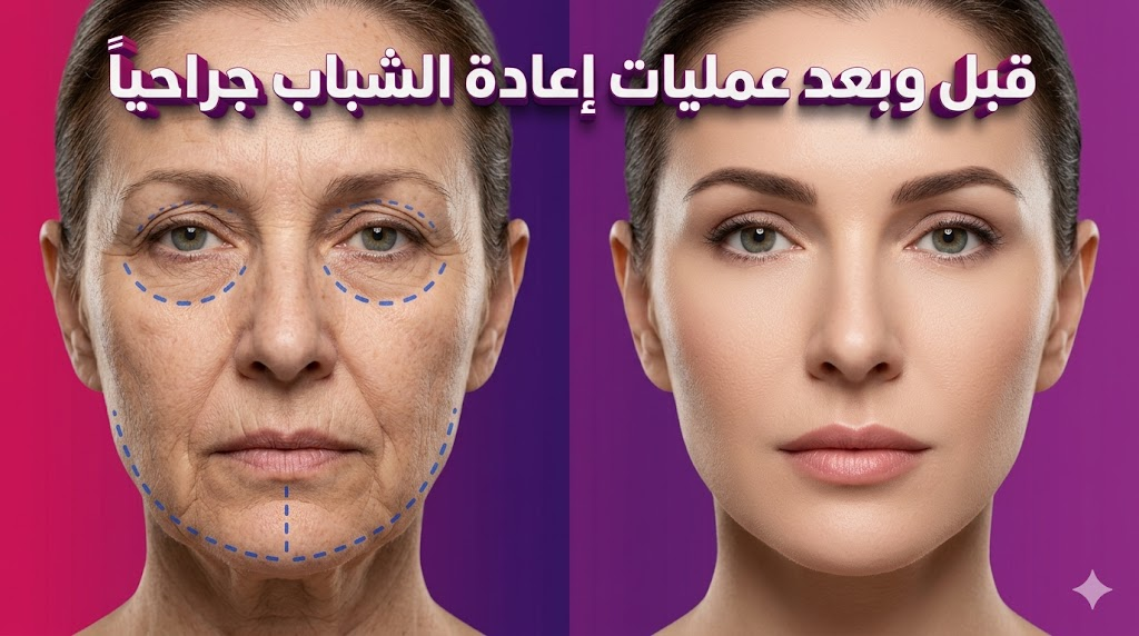 مقارنة قبل وبعد عمليات إعادة الشباب جراحياً تظهر علامات التخطيط الجراحي والنتائج النهائية المذهلة لشد الوجه.