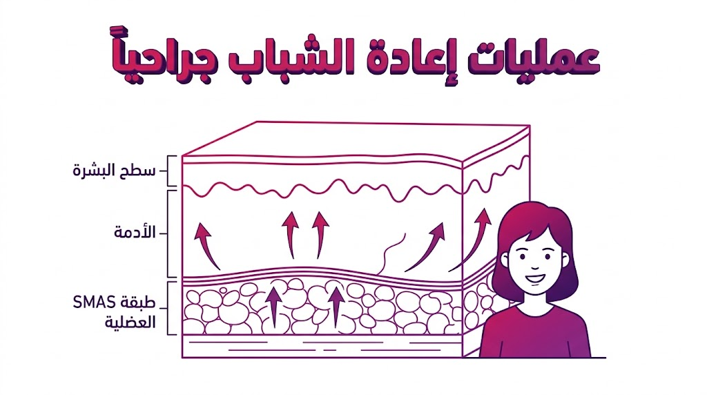 مخطط تشريحي تعليمي يوضح الطبقات العضلية والجلدية المستهدفة في عمليات إعادة الشباب جراحياً.