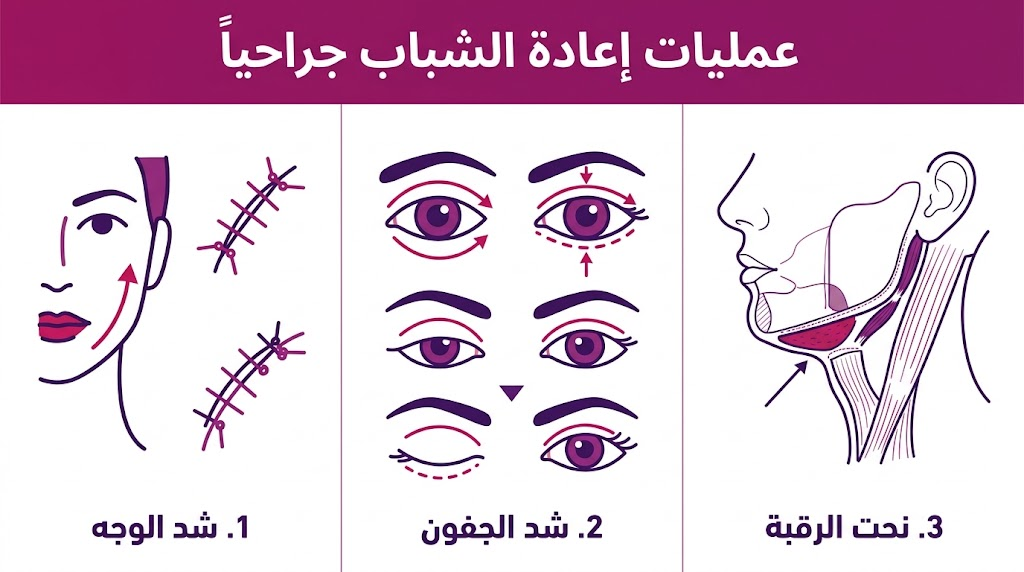 إنفوجرافيك طبي يوضح العمليات الثلاث الأساسية ضمن عمليات إعادة الشباب جراحياً: شد الوجه، الجفون، والرقبة.