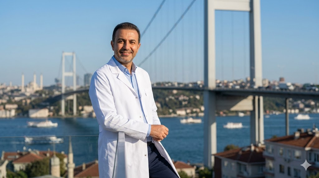 جراح تجميل خبير أمام جسر البوسفور في إسطنبول، يمثل الوجهة الرائدة لإجراء عمليات إعادة الشباب جراحياً.