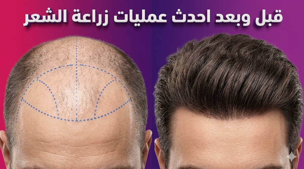 مقارنة قبل وبعد توضح نتائج احدث عمليات زراعة الشعر مع تخطيط طبي دقيق وكثافة شعر مثالية.