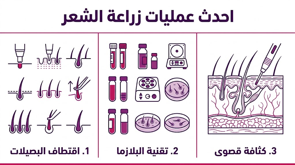  بوستر إنفوجرافيك يوضح مراحل احدث عمليات زراعة الشعر من الاقتطاف إلى زراعة البصيلات بكثافة عالية.