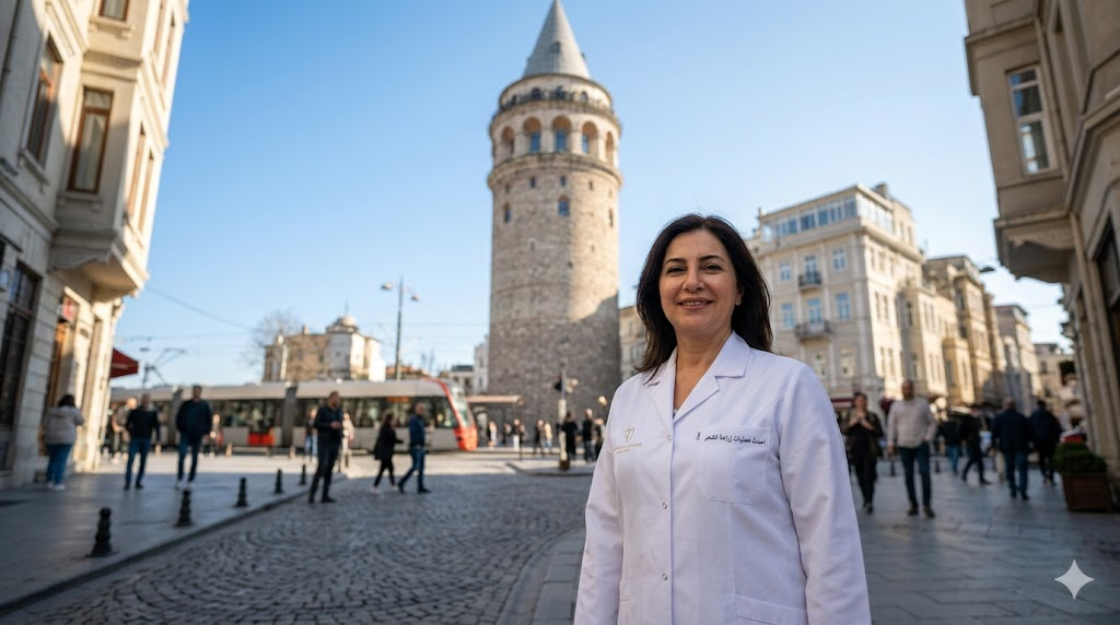 طبيب متخصص في احدث عمليات زراعة الشعر يقف أمام برج غالاتا الشهير في اسطنبول بأسلوب تصوير احترافي.