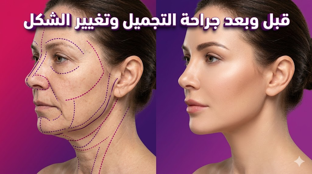  مقارنة قبل وبعد توضح نتائج جراحة التجميل وتغيير الشكل مع علامات التخطيط الجراحي الدقيقة.