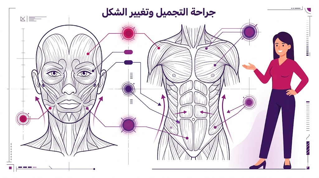  إنفوجرافيك طبي تشريحي يوضح الدقة العلمية في جراحة التجميل وتغيير الشكل باستخدام خطوط فنية دقيقة.