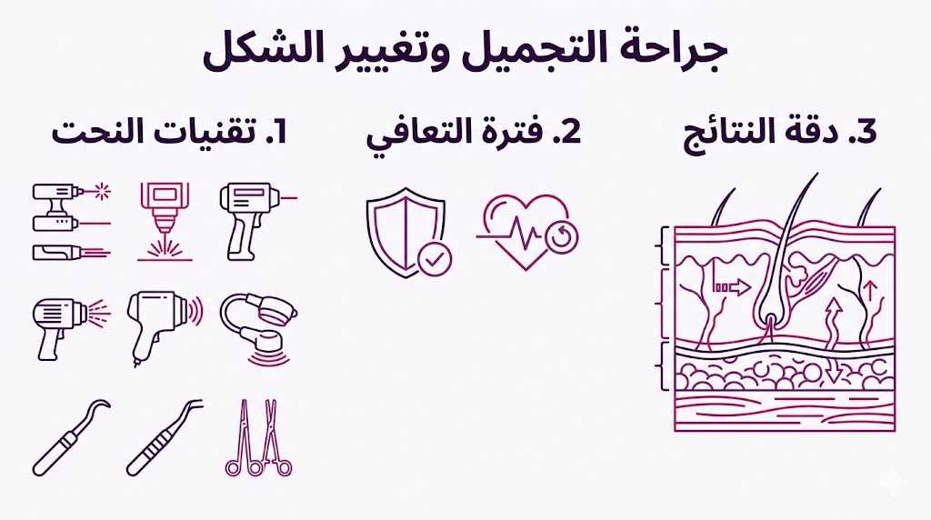  بوستر إنفوجرافيك يوضح تقنيات النحت وفترة التعافي ودقة النتائج في جراحة التجميل وتغيير الشكل.