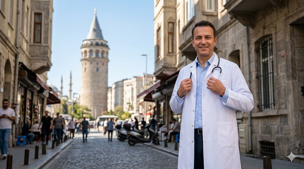  طبيب جراحة التجميل وتغيير الشكل يقف بثقة أمام برج غلاطة في إسطنبول، مما يعكس الرقي الطبي في تركيا.