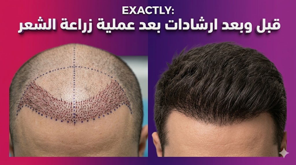 صورة "قبل وبعد" توضح الالتزام بـ ارشادات بعد عملية زراعة الشعر وكيف يتحول فروة الرأس من مرحلة الثقوب الطبية إلى الكثافة الكاملة.