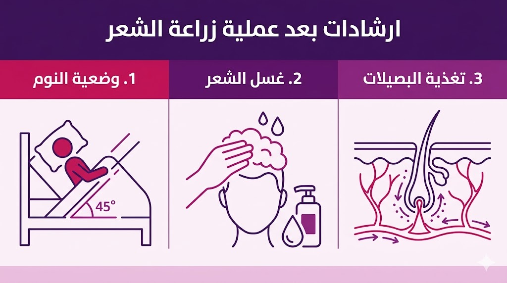 ملصق تعليمي (انفوجرافيك) يلخص أهم ارشادات بعد عملية زراعة الشعر مثل وضعية النوم الصحيحة وطريقة الغسل وتغذية البصيلات.