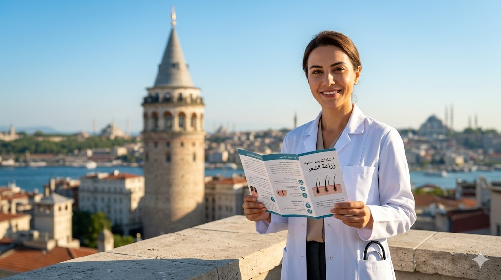 طبيب مختص في تركيا يقف أمام برج غالاتا لتقديم ارشادات بعد عملية زراعة الشعر لضمان أفضل النتائج للسياح الطبيين.