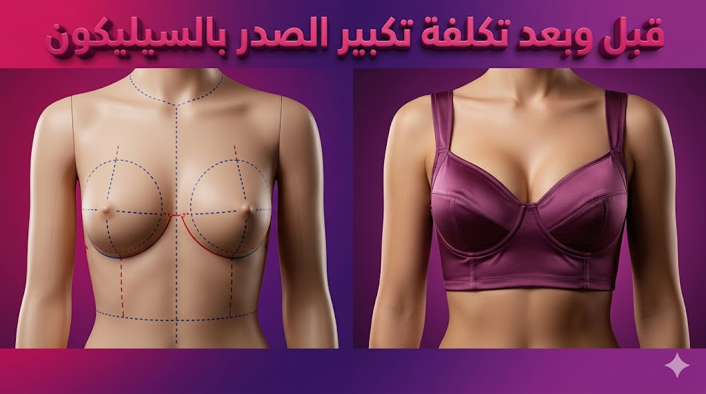 مقارنة قبل وبعد توضح التخطيط الجراحي والنتائج النهائية لعملية تكلفة تكبير الصدر بالسيليكون.