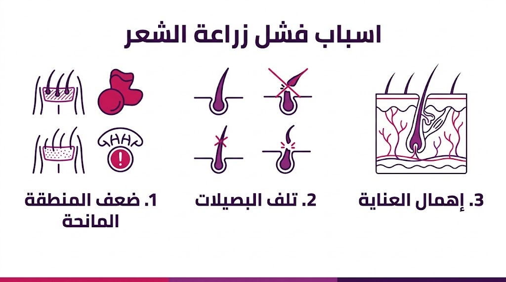 بوستر إنفوجرافيك تعليمي يستعرض أهم 3 نقاط حول اسباب فشل زراعة الشعر وطرق تلافيها طبياً.
