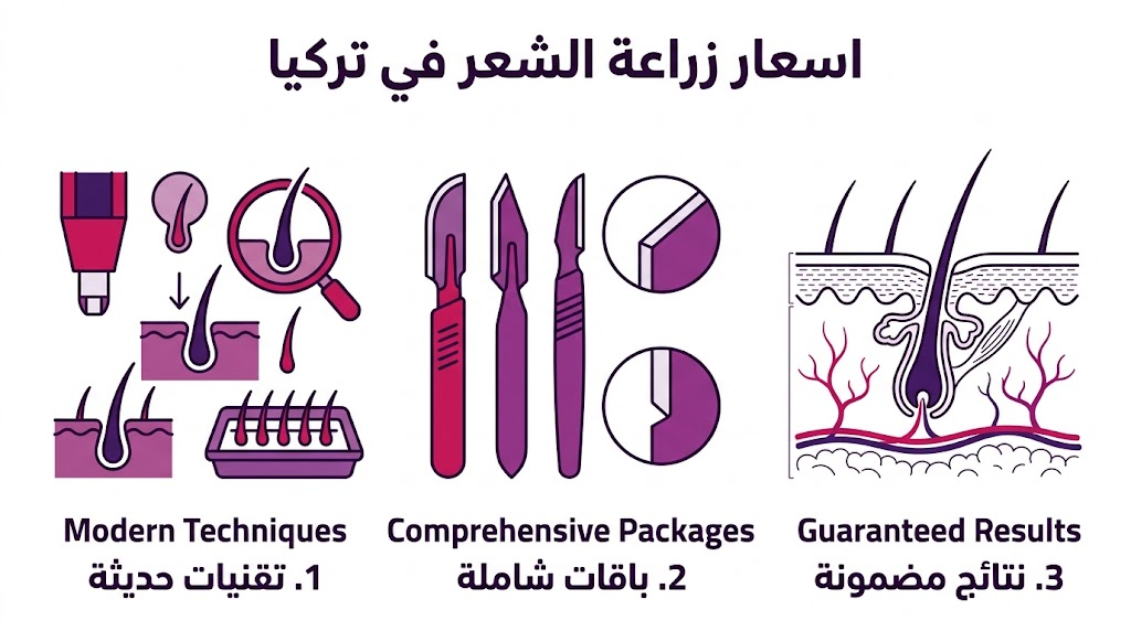 بوستر إنفوجرافيك يوضح العوامل المؤثرة في اسعار زراعة الشعر في تركيا من تقنيات وباقات.