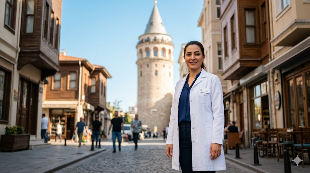طبيب متخصص يقف أمام برج غالاتا في إسطنبول لتقديم استشارات حول اسعار زراعة الشعر في تركيا.