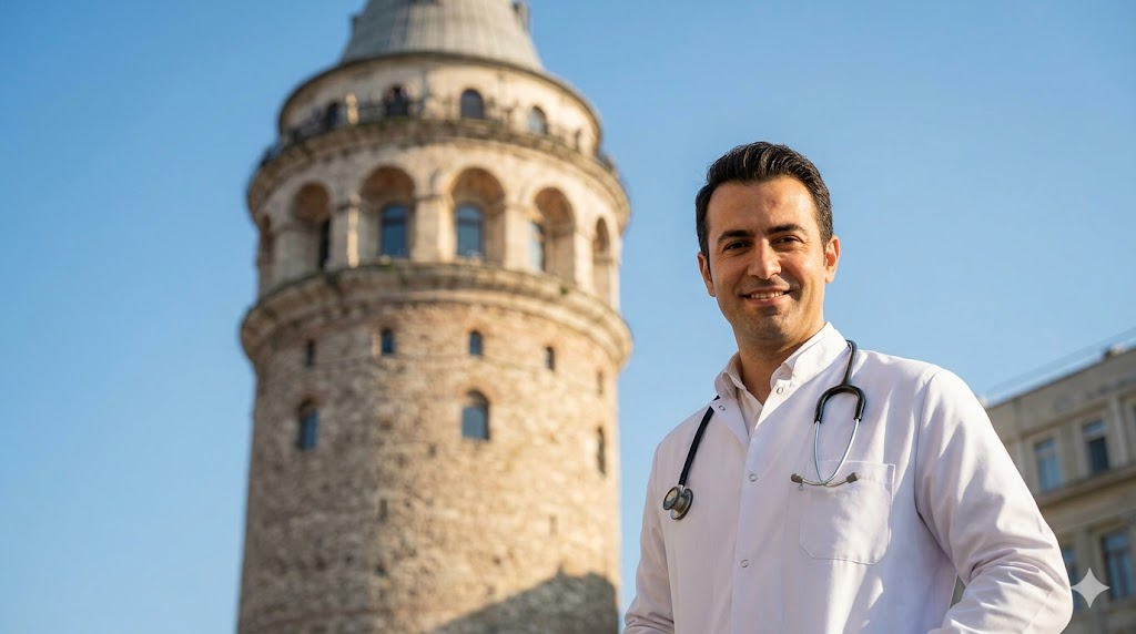 طبيب متخصص من اشهر مراكز زراعة الشعر في تركيا يقف أمام برج غالاتا التاريخي في إسطنبول.