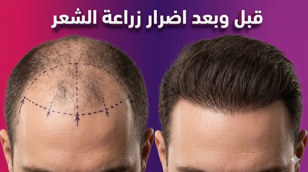 مقارنة قبل وبعد توضح النتائج النهائية وتجاوز اضرار زراعة الشعر بنجاح.