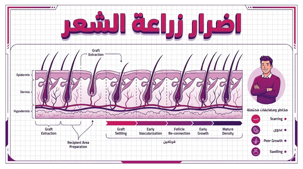 مخطط تشريحي طبي يوضح طبقات الجلد وتجنب اضرار زراعة الشعر أثناء العملية.