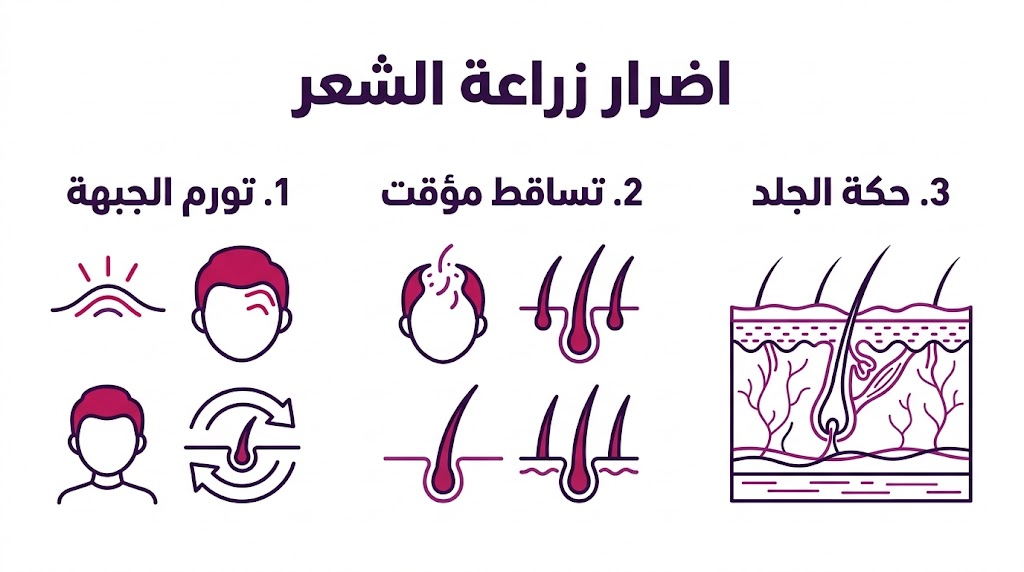 إنفوجرافيك طبي يستعرض أهم اضرار زراعة الشعر المؤقتة وكيفية التعامل معها.