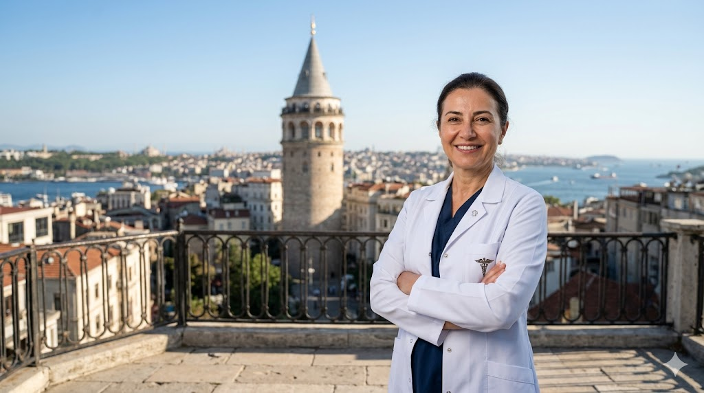 طبيب خبير في تركيا يقف أمام برج غالاتا لتقديم استشارات حول اضرار زراعة الشعر.