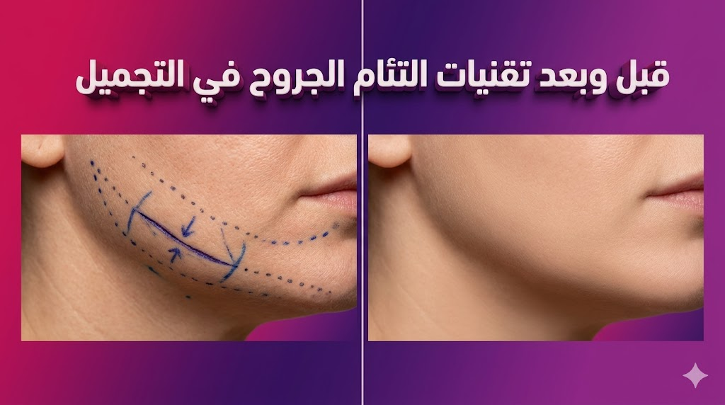  صورة مقارنة قبل وبعد تظهر فعالية تقنيات التئام الجروح في التجميل في إخفاء الندبات.