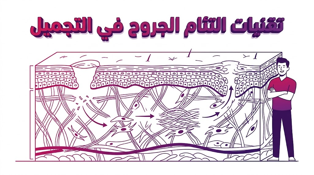 إنفوجرافيك طبي يوضح الطبقات التشريحية وكيفية عمل تقنيات التئام الجروح في التجميل.