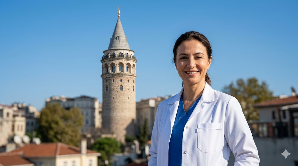  طبيب تجميل خبير أمام برج غالاتا في تركيا يستعرض نتائج تقنيات التئام الجروح في التجميل.