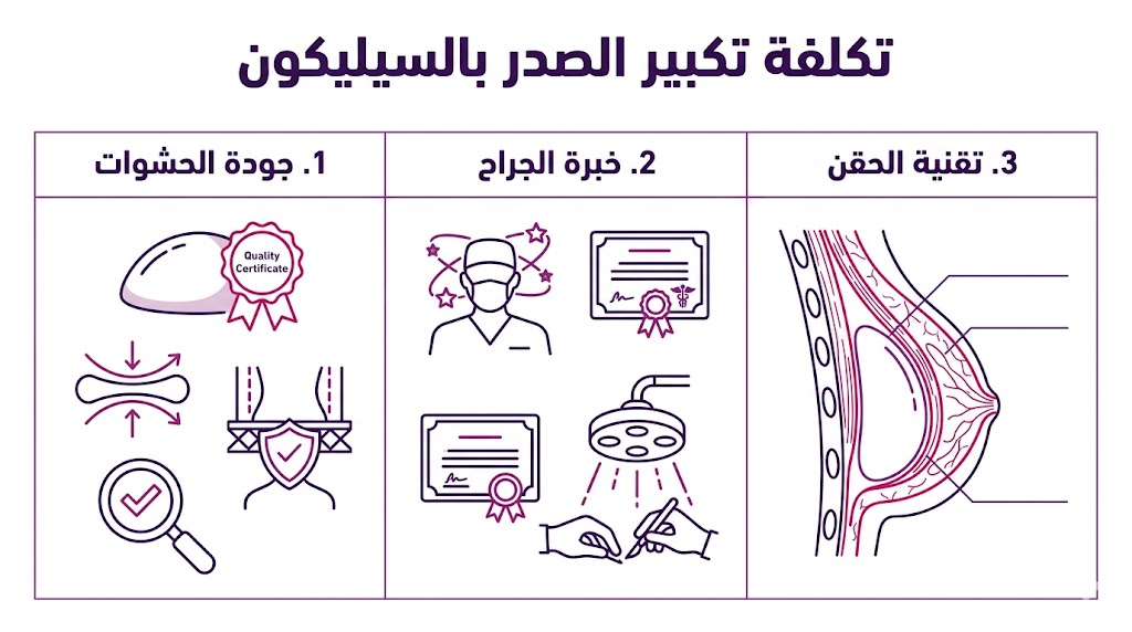 إنفوجرافيك طبي يوضح العناصر المؤثرة في تكلفة تكبير الصدر بالسيليكون مثل جودة الحشوات وتقنية الجراحة.