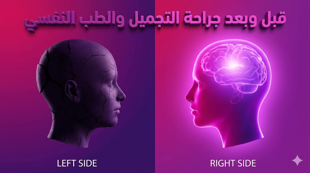 صورة مقارنة "قبل وبعد" توضح التحول النفسي والجمالي المرتبط بموضوع جراحة التجميل والطب النفسي.