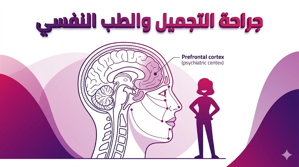  مخطط تشريحي يوضح الروابط العلمية بين الدماغ ومناطق التجميل في الوجه ضمن سياق جراحة التجميل والطب النفسي.