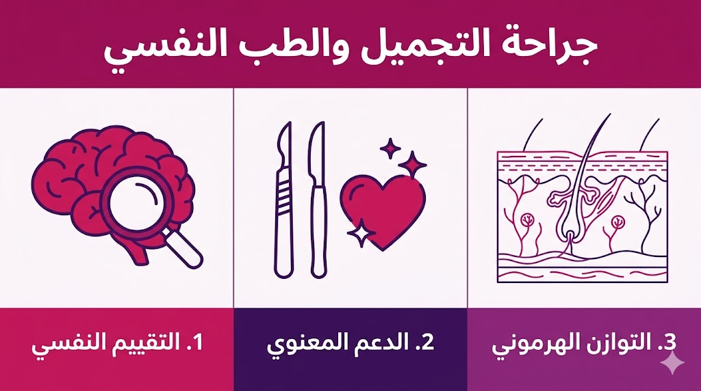  إنفوجرافيك طبي مقسم لثلاثة أقسام يشرح خطوات التكامل بين جراحة التجميل والطب النفسي.