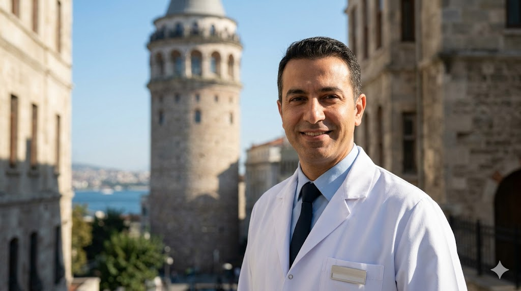  طبيب تجميل متميز يقف أمام برج غالاتا في إسطنبول، يمثل الخبرة في جراحة التجميل والطب النفسي في تركيا.