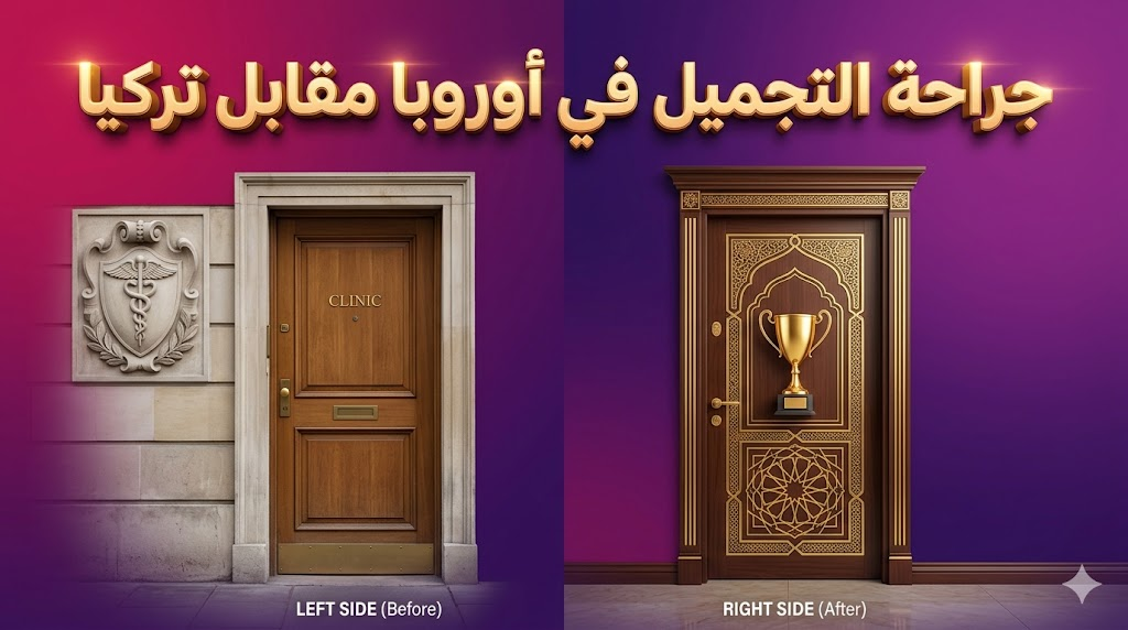  مقارنة بصرية رمزية توضح تطور جراحة التجميل في أوروبا مقابل تركيا من حيث الفخامة والجودة.