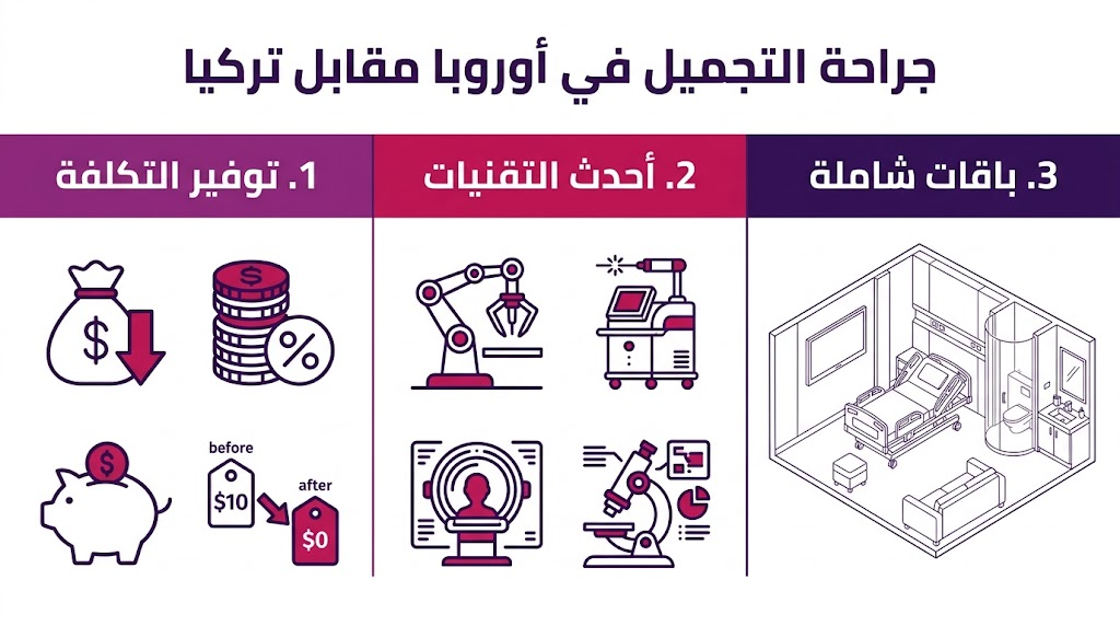 إنفوجرافيك يقارن بين مزايا جراحة التجميل في أوروبا مقابل تركيا من حيث التكلفة والتقنية والخدمات.
