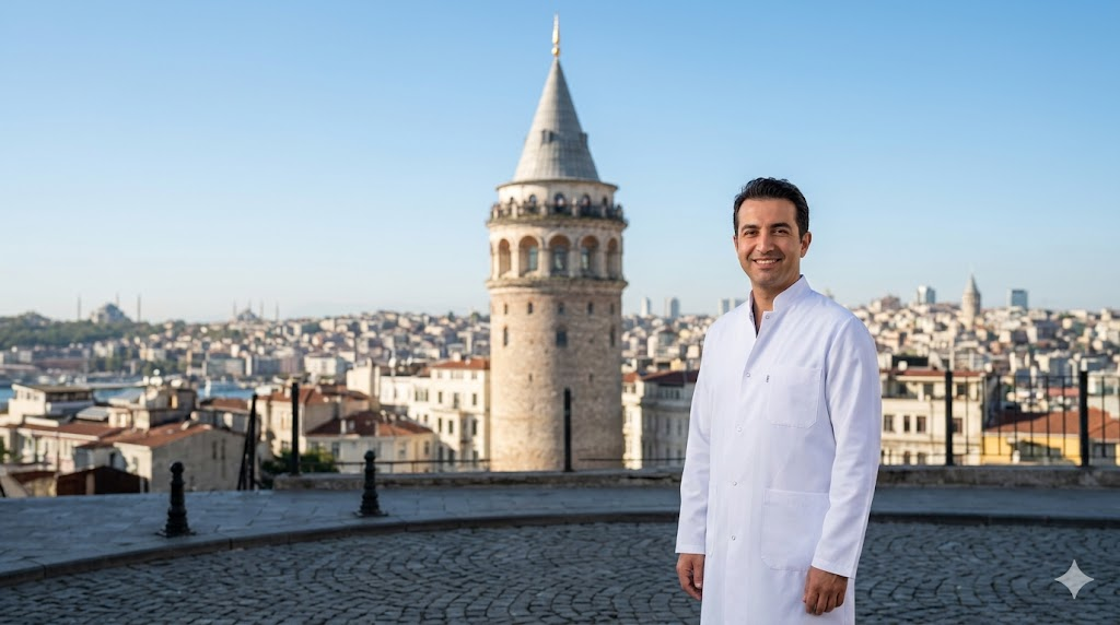 طبيب تجميل متميز أمام برج غالاتا في اسطنبول يمثل ريادة جراحة التجميل في أوروبا مقابل تركيا.