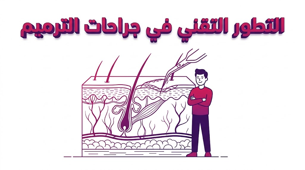  إنفوجرافيك تعليمي يوضح التشريح الداخلي و التطور التقني في جراحات الترميم بأسلوب الرسم الهندسي الطبي.