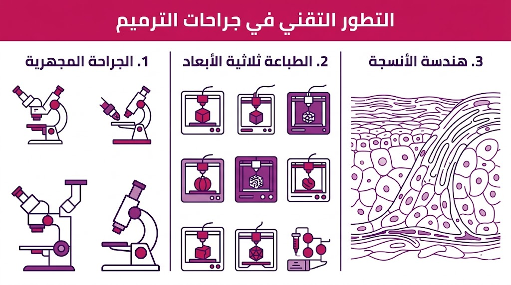 بوستر إنفوجرافيك يشرح ركائز التطور التقني في جراحات الترميم الثلاث: الجراحة المجهرية، الطباعة ثلاثية الأبعاد، وهندسة الأنسجة.